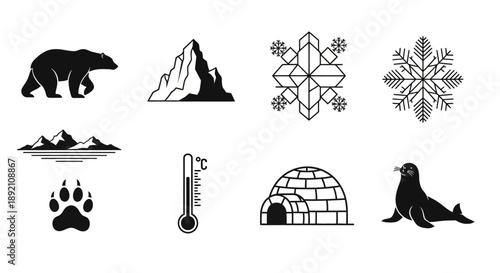 Arctic icons depicting polar animals landscapes and winter weather elements
