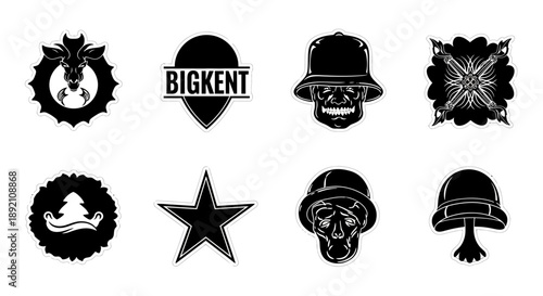 Selection of black and white graphic emblems and skull designs
