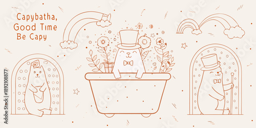 Whimsical capybara illustration with rainbows plants and celebratory elements