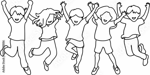 Four children joyfully jumping in the air a simple line drawing