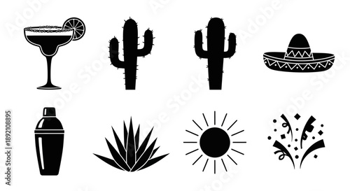 Mexican themed icons featuring a margarita cacti and festive items