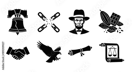 American symbols and icons displayed in a black and white arrangement