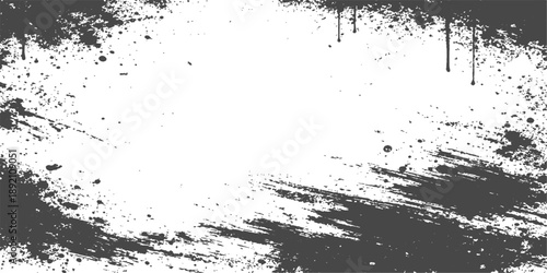 A dark vintage design featuring a black ink splat and spray splatter pattern on an abstract grunge paper texture with a dirty paint stain border frame illustration vector background