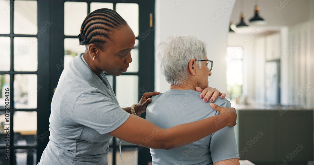 Fototapeta premium Woman, physiotherapist or senior patient with shoulder pain for checkup, muscle recovery or healing. Female person, physio or checking elderly with tension for medical assessment or exam in practice