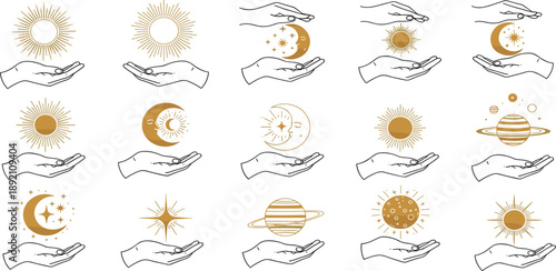 Celestial bodies and hands illustration showcasing various astronomical elements and symbolic representations