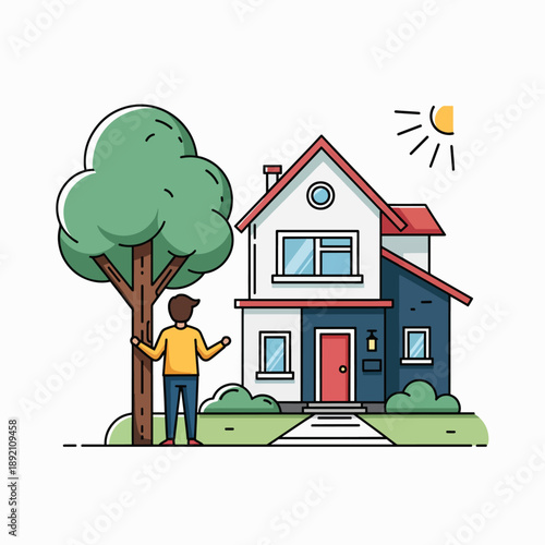 Man Standing Next to a Tree in the Yard of a Beautiful House Under a Sunny Sky