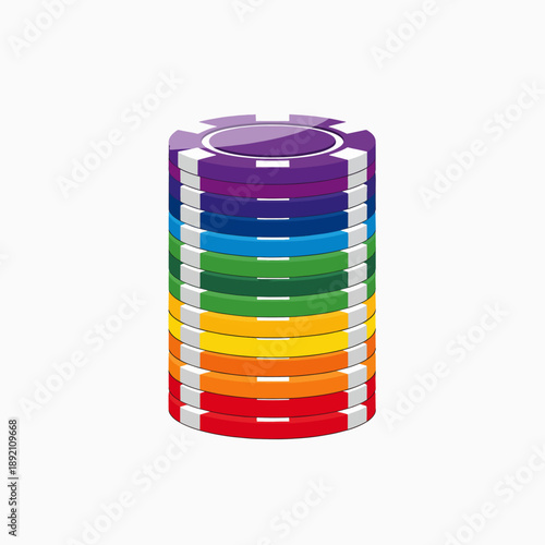 A tall stack of colorful casino chips arranged in a rainbow gradient pattern on a white background