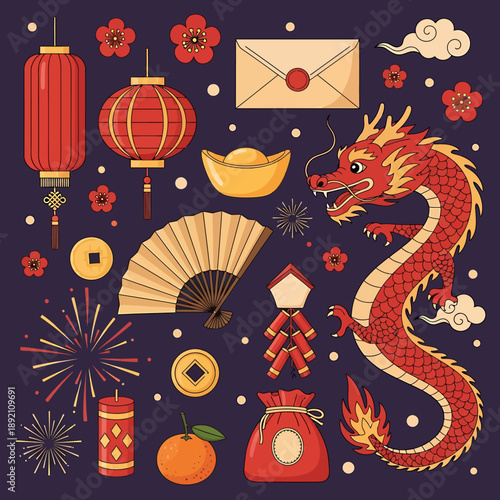 Chinese New Year Celebration Elements and Traditional Symbols.