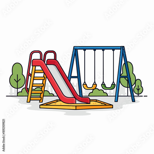 A Sunny Playground Scene with a Slide Swings and Sandpit in a Park Area