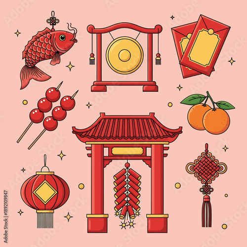 Chinese New Year celebration elements set with traditional symbols.