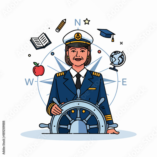 Experienced Female Captain Steering a Ship Guided by Education and Global Knowledge