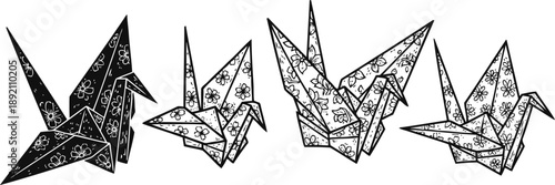 Black and white origami cranes with floral patterns, decorative paper folding art set