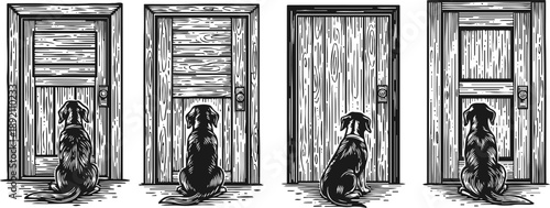 Dog waiting patiently in front of different wooden doors black and white vintage illustration of loyal pet