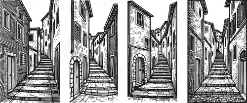 narrow old european street perspectives with stone staircases and rustic buildings in vintage sketch