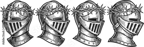 medieval knight helmets with crown of thorns, engraving set of armored heads in detailed metal armor