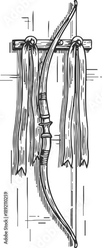 Traditional wooden bow with hanging feather fletching archery equipment vintage illustration