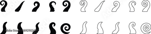 Octopus Tentacle Icon set, Vector Sea Monster Arm Silhouette, Kraken Tentacles Symbol, Curled octopus tentacles Marine Animal for Logo ultra sharp focus, sea life Tattoo, Game, Fantasy Design template