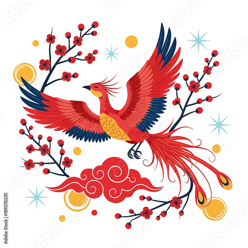 Vibrant Phoenix Bird Flying Amidst Cherry Blossoms and Clouds.