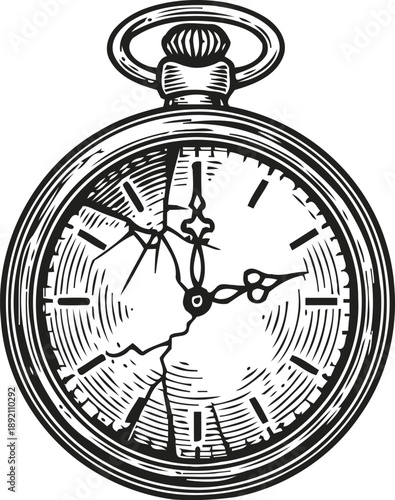 Vintage broken pocket watch with cracked glass and classic roman numerals, retro timepiece illustration