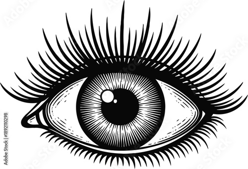Detailed black and white eye illustration with long eyelashes and intricate iris design