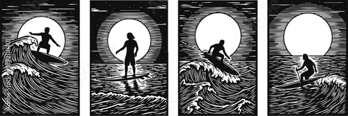 surfer silhouettes riding waves at night with full moon background in black and white