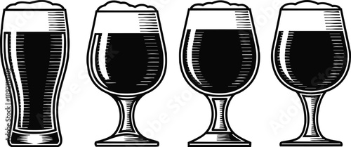 set of four dark beer glasses with foam, different shapes and sizes, monochrome vector illustration