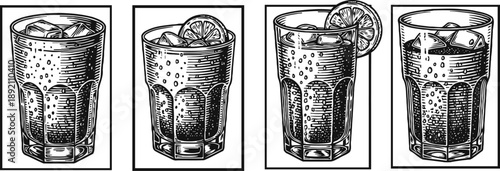 Detailed hand drawn illustrations of cold carbonated soda drinks with ice cubes and lemon slices