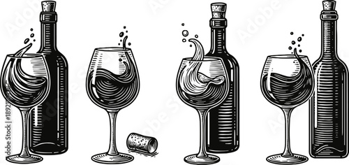 elegant wine bottle and glass set with swirling liquid, cork detail, classic beverage illustration