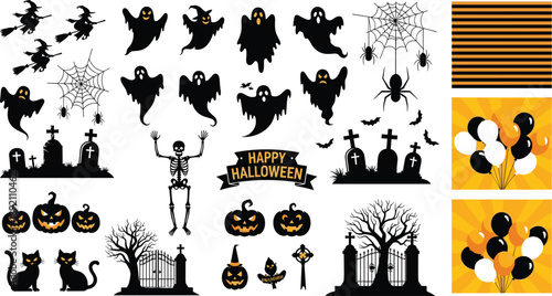 Halloween spooky silhouette set with dancing skeleton, ghosts, witches, pumpkins, bats, graveyard gates, balloons, and spider webs, flat vector illustration