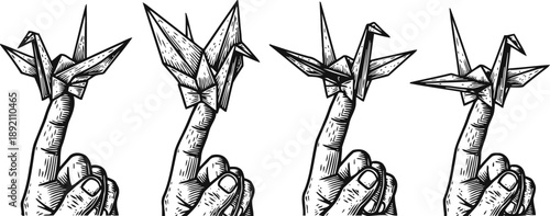 Hand holding origami cranes in vintage engraving style, paper birds on fingers set