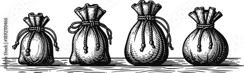 four vintage money bags with drawstrings closed, engraved illustration