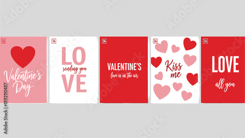 Happy Valentine Day Greeting Card Set with Red Hearts Love Typography Kiss Me and February Fourteen
