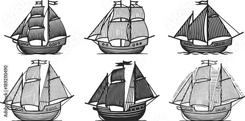 Classic sailing ships collection vintage tall ships with multiple sails and flags nautical maritime vessels set