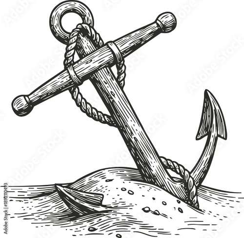 Vintage ship anchor with rope stuck in sand nautical maritime equipment for boats and vessels illustration