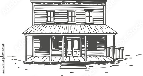 Old western wooden house with porch and double doors vintage hand drawn illustration