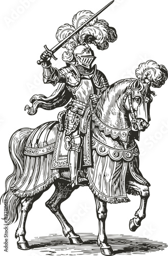 Medieval knight in full armor wielding sword and riding horse with decorative barding