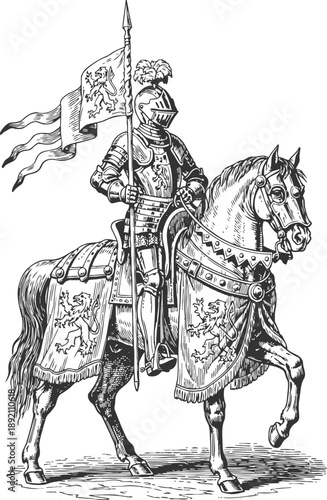 Medieval knight in full armor holding a flag, mounted on a decorated war horse, historical warrior