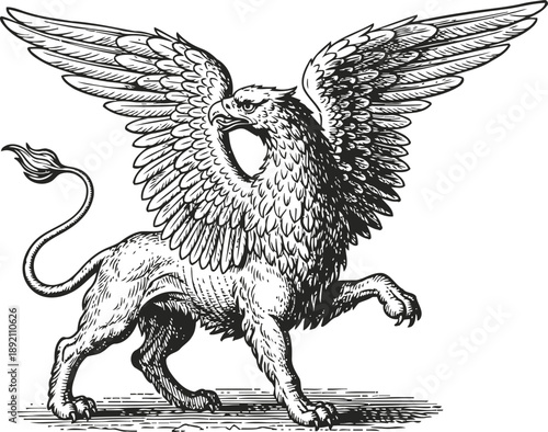 Detailed vintage griffin illustration with wings spread, mythical creature symbolizing strength and courage