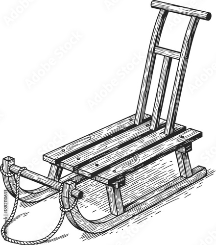 Vintage wooden sled with rope and backrest, winter snow transport illustration