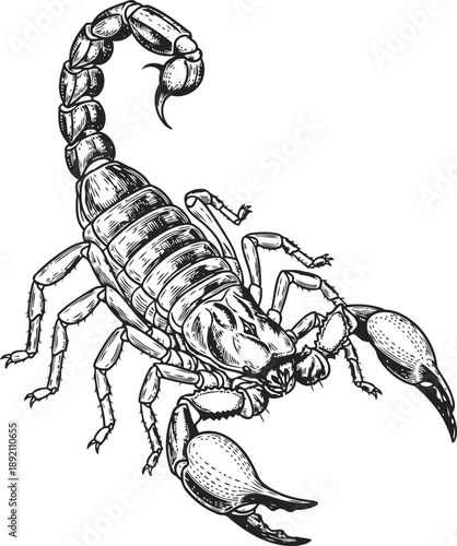 Detailed black and white illustration of a scorpion with raised tail and large pincers