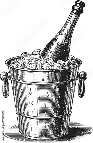 Bottle in ice bucket chilling cold beverage for party celebration or event