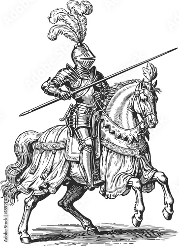 Medieval knight in full armor riding horse with lance and plumed helmet historic cavalry warrior