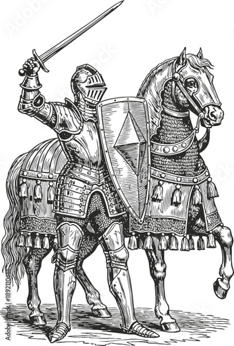 Medieval knight in full armor with raised sword and shield standing beside armored horse ready for battle
