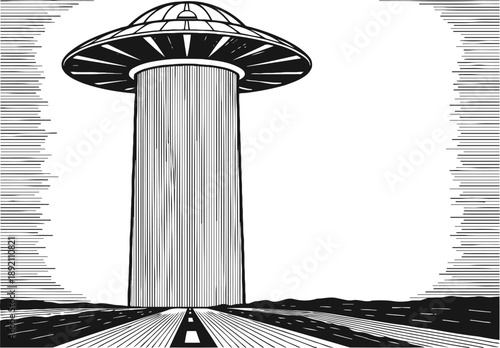 Ufo flying saucer landing on road with bright light beam, alien spaceship drawing illustration