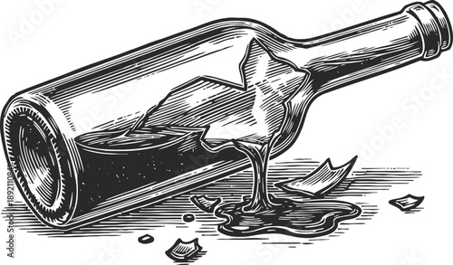 Broken glass bottle spilling liquid, shattered fragments scattered on surface, vintage engraving illustration