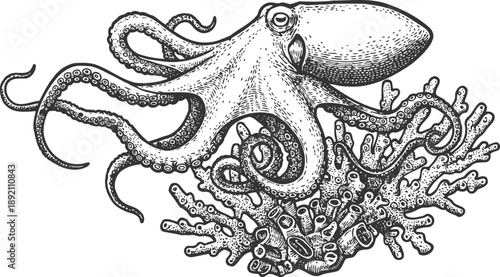 Detailed black and white illustration of an octopus resting on a coral reef with intricate textures and patterns