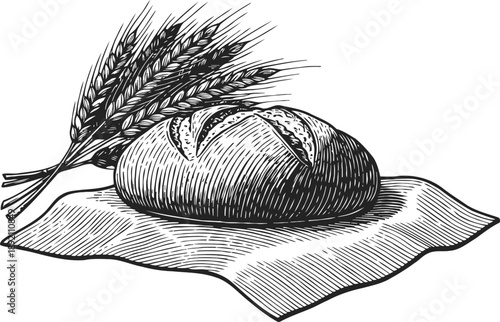 Freshly baked round loaf of bread with wheat stalks on cloth napkin illustration