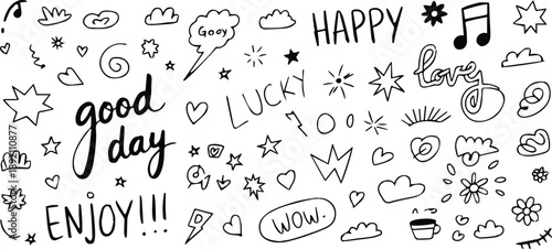 doodle pattern with hand drawn happy icons and uplifting words