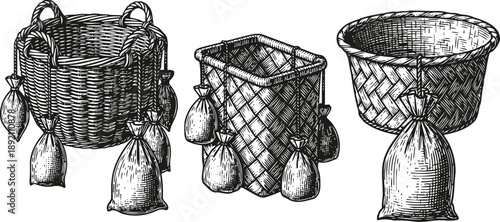 Vintage illustration of three woven baskets weighted with sandbags in different shapes