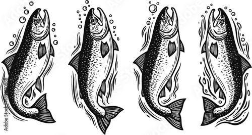 Four black and white stylized fish illustrations with water bubbles, swimming and jumping motion designs